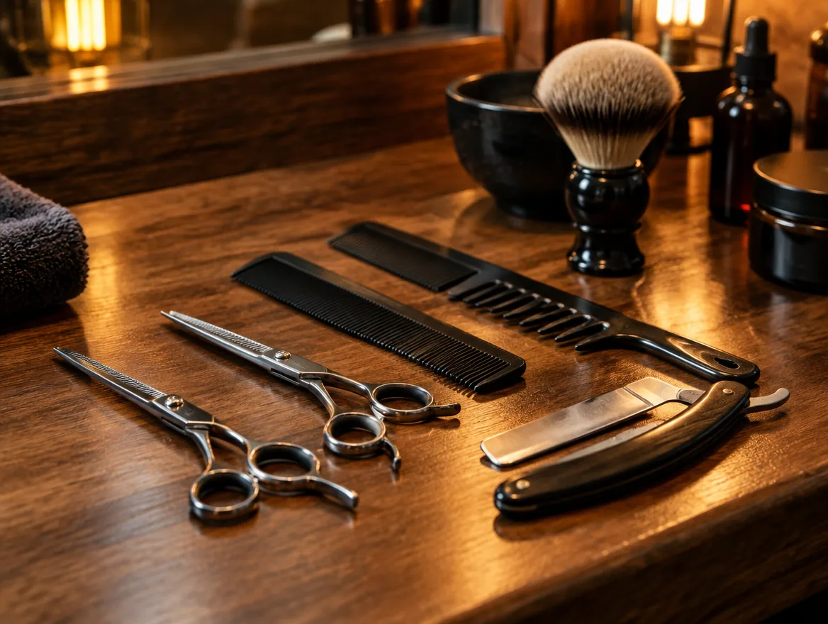 Herramientas de barbero sobre la mesa